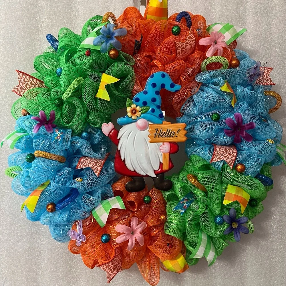 Colorful Gnome Welcome Wreath - Blue, Green, Orange